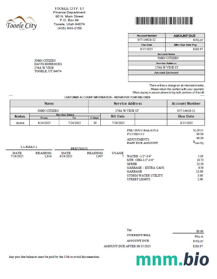 Szablon rachunku za media w USA Tooele city w formatach Word i PDF